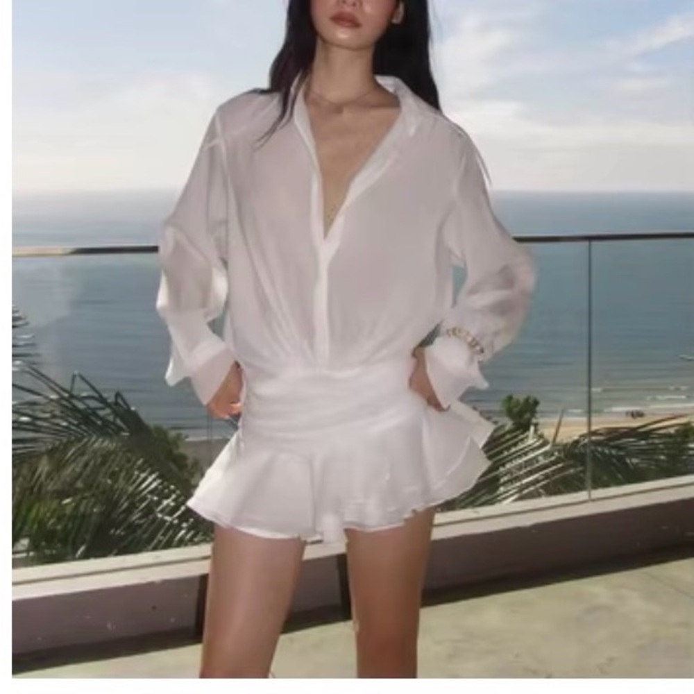 White Shirt Dress - Sheer Button Down with Drop Waist